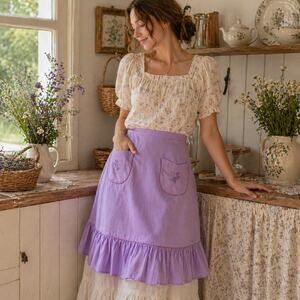 Lavender Floral Embroidered Half Apron Ruffle Waist Tie Cottagecore